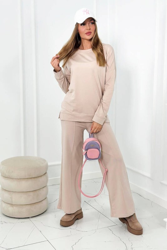 Bavlněný komplet Mikina + Kalhoty s širokými nohavicemi světle béžová - Dámské oblečení soupravy a sady