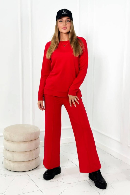 Bavlněný komplet Mikina + Kalhoty s širokými nohavicemi červený - Dámské oblečení soupravy a sady