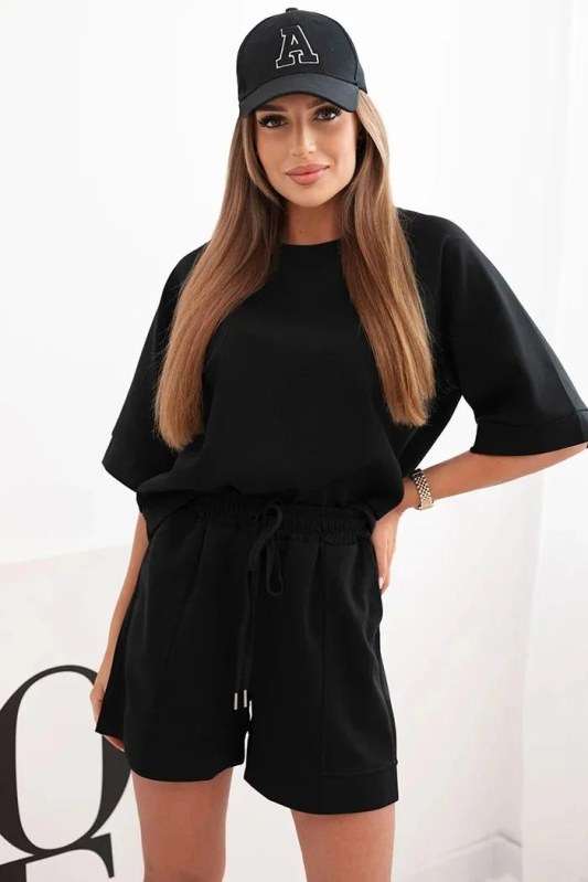 Dámská máslová souprava s&nbsp;halenkou s&nbsp;krátkým rukávem a&nbsp;šortkami s&nbsp;gumičkou černý - Dámské oblečení soupravy a&nbsp;sady