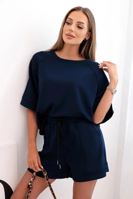 Dámská máslová souprava s&nbsp;halenkou s&nbsp;krátkým rukávem a&nbsp;šortkami s&nbsp;gumičkou námořnická modř - Dámské oblečení soupravy a&nbsp;sady