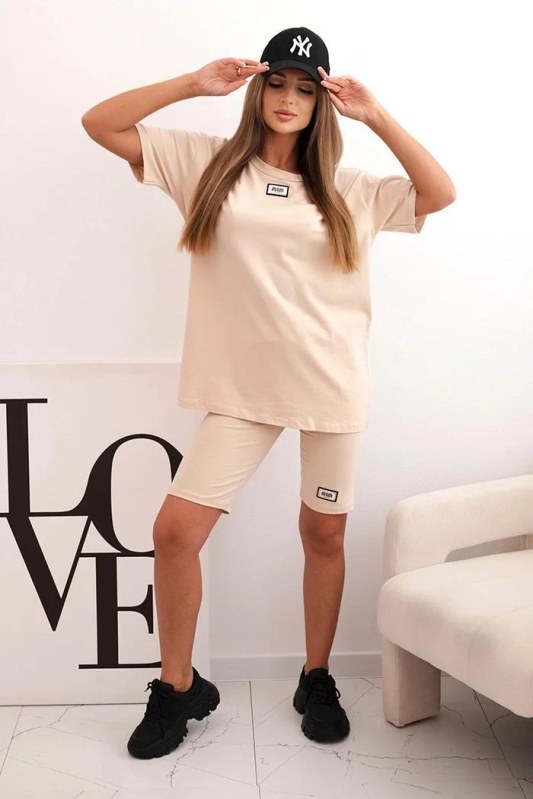 Dámský bavlněný komplet s krátkým rukávem a šortkami béžový