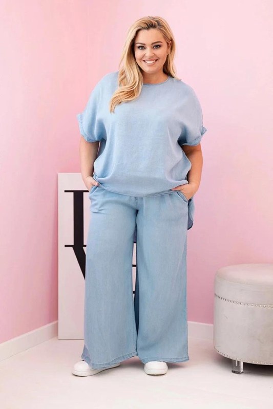 Dámská souprava Plus Size z&nbsp;tencelu halenka a&nbsp;kalhoty s&nbsp;vázáním světle džínový - Dámské oblečení soupravy a&nbsp;sady