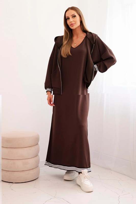 Dámský komplet s&nbsp;viskózou se zapínací blůzou a&nbsp;dlouhou sukni hnědý - Dámské oblečení soupravy a&nbsp;sady