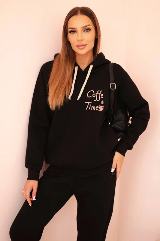 Dámský komplet bavlněný zateplený s&nbsp;potiskem černý - Dámské oblečení soupravy a&nbsp;sady