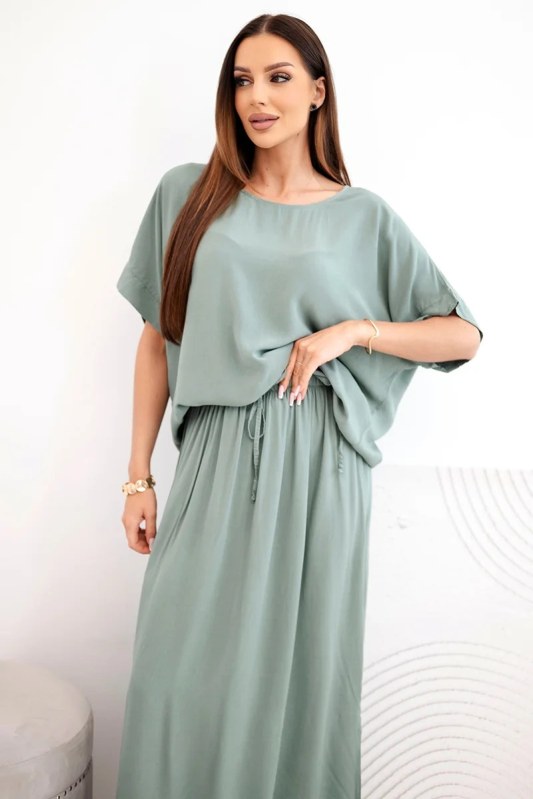 Dámský viskózový komplet s halenkou a sukní khaki