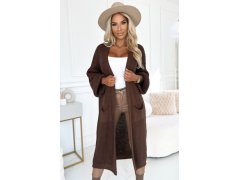 627-2 Cardigan - svetr dlouhý s kapsami - čokoládová barva