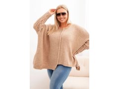 Dámský svetr Plus Size z&nbsp;akrylu volného střihu s&nbsp;3/4 rukávem camelový