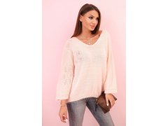 Dámský svetr z&nbsp;mohéru volného střihu s&nbsp;výstřihem do V pudrově růžový