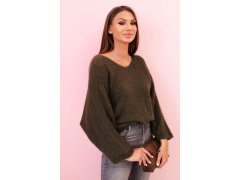 Dámský svetr z&nbsp;mohairu volného střihu s&nbsp;výstřihem do V khaki