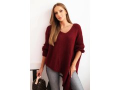 Dámský asymetrický svetr z&nbsp;vlny Plus Size s&nbsp;výstřihem do V bordový