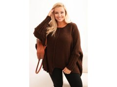 Dámský svetr Plus Size z&nbsp;akrylu s&nbsp;volným střihem a&nbsp;rukávem 3/4 hnědý