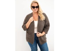 Dámský svetr Plus Size s kapsami bez zapínání mocca barva