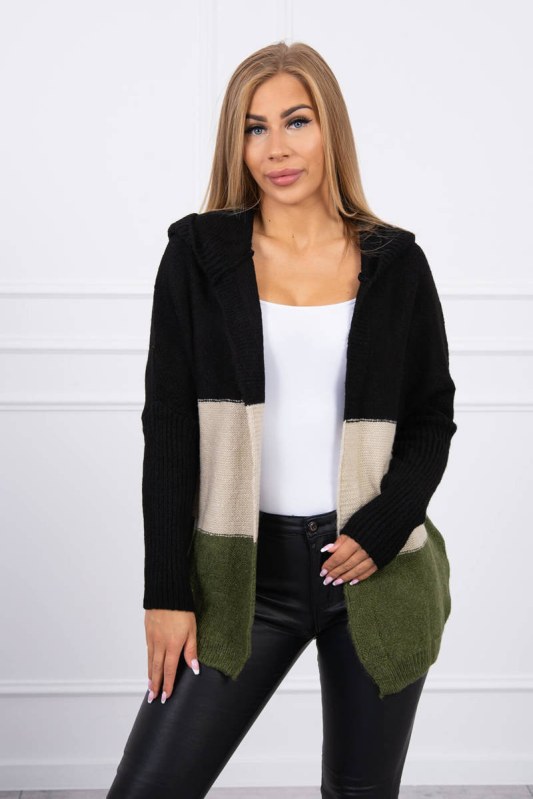 Tříbarevný svetr s kapucí černý+béžový+khaki - Dámské oblečení svetry