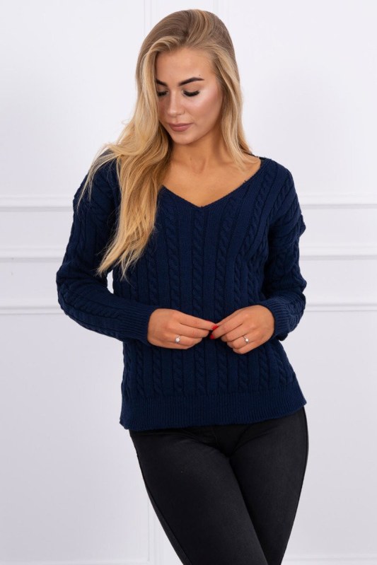 Pletený svetr s výstřihem do V tmavě modrý - Dámské oblečení svetry