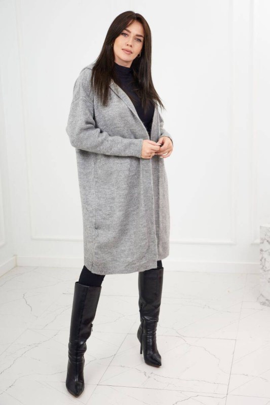Kardigan s kapucí šedý - Dámské oblečení svetry
