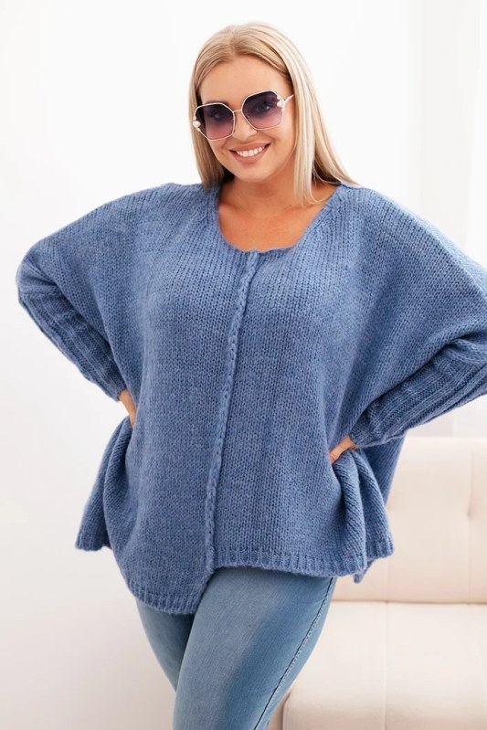 Dámský svetr Plus Size s&nbsp;akrylem volného střihu a&nbsp;rukávem 3/4 denimový - Dámské oblečení svetry
