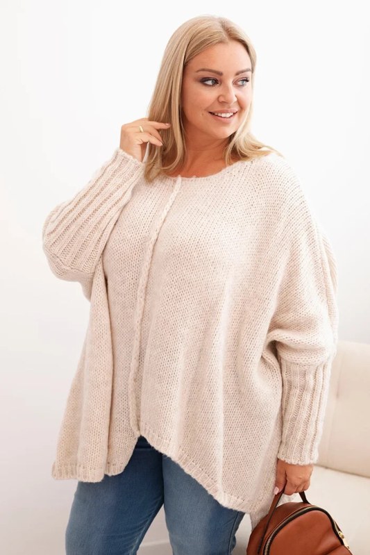 Dámský svetr Plus Size z&nbsp;akrylu volného střihu s&nbsp;rukávem 3/4 béžový - Dámské oblečení svetry