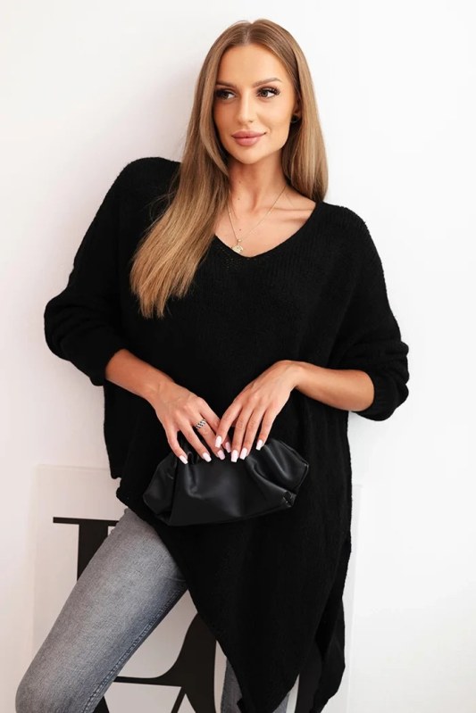 Svetr dámský vlněný asymetrický Plus Size s výstřihem do V černý
