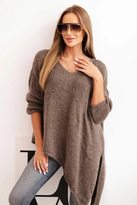 Dámský asymetrický vlněný svetr Plus Size s&nbsp;V výstřihem fango - Dámské oblečení svetry