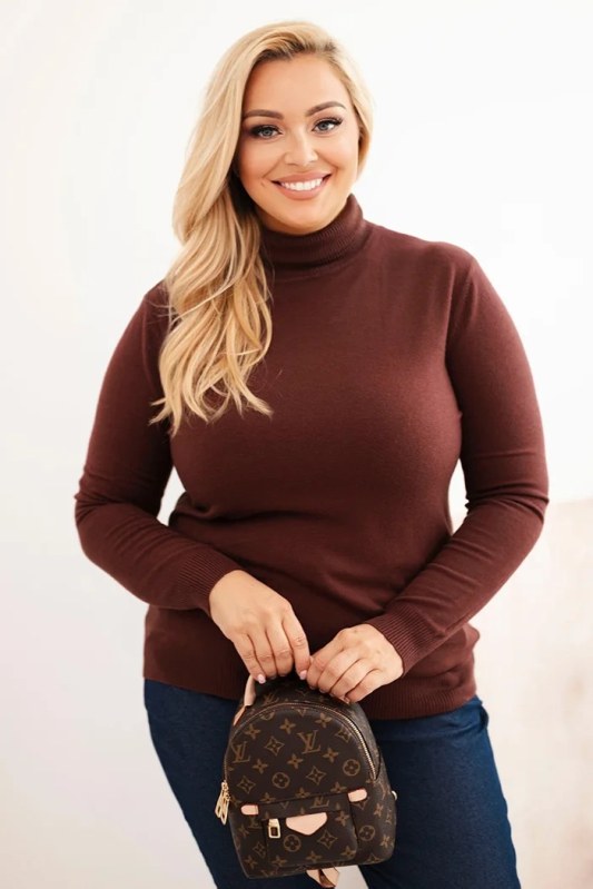 Dámský viskózový svetr Plus Size s klasickým střihem hnědý