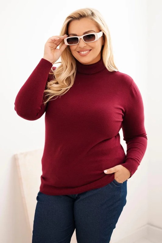 Dámský viskózový svetr Plus Size s klasickým střihem s rolákem bordový