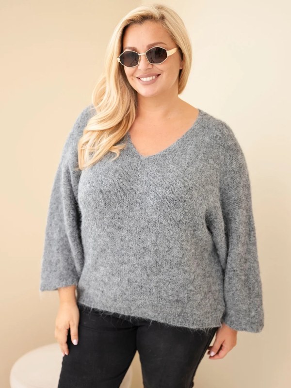 Dámský svetr Plus Size s výstřihem do V a širokým rukávem šedý