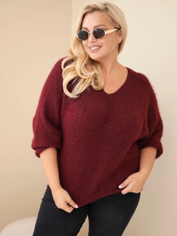 Dámský svetr Plus Size s výstřihem do V a širokým rukávem bordó