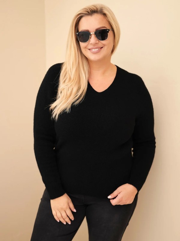 Dámský svetr Plus Size z baby alpaky s dlouhým rukávem černý