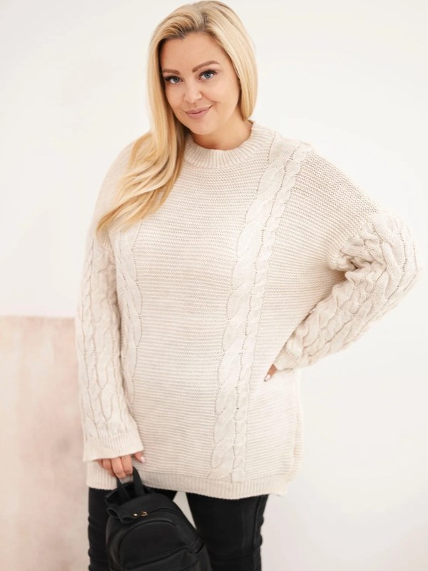Dámský svetr Plus Size s&nbsp;copánkovým vzorem béžový - Dámské oblečení svetry