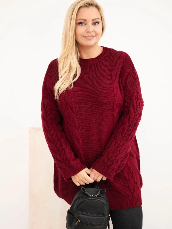 Dámský svetr Plus Size s copánkovým vzorem bordó červená