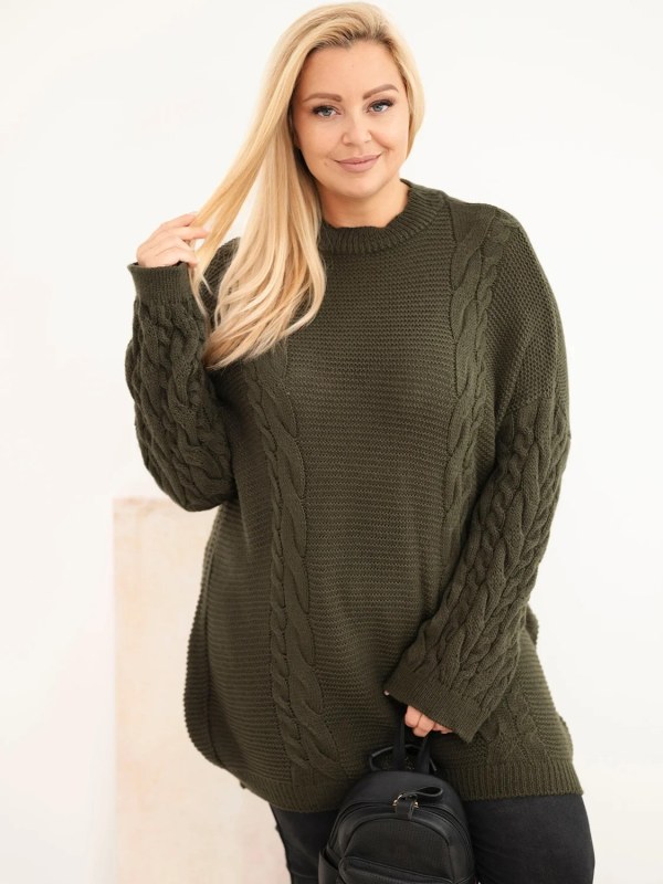Dámský svetr Plus Size s copánkovým vzorem khaki kolor