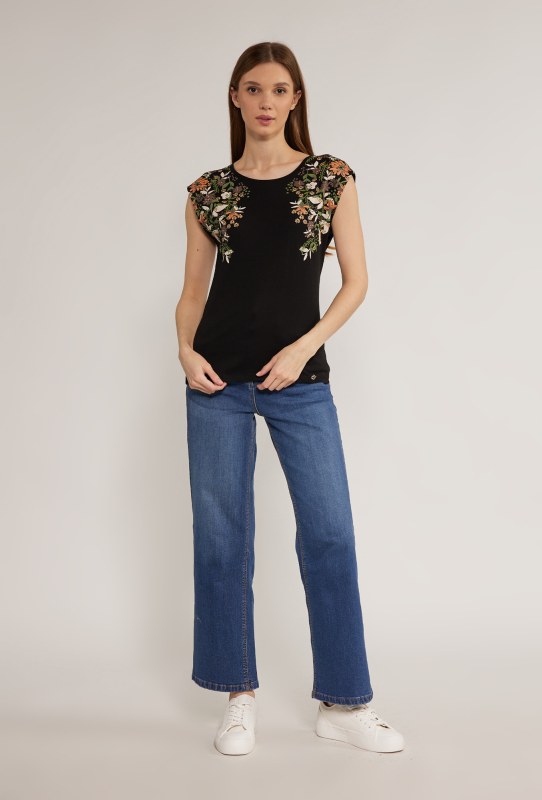 Dámské tričko s květinovým potiskem TSH0213 černé - Monnari - Dámské oblečení trika