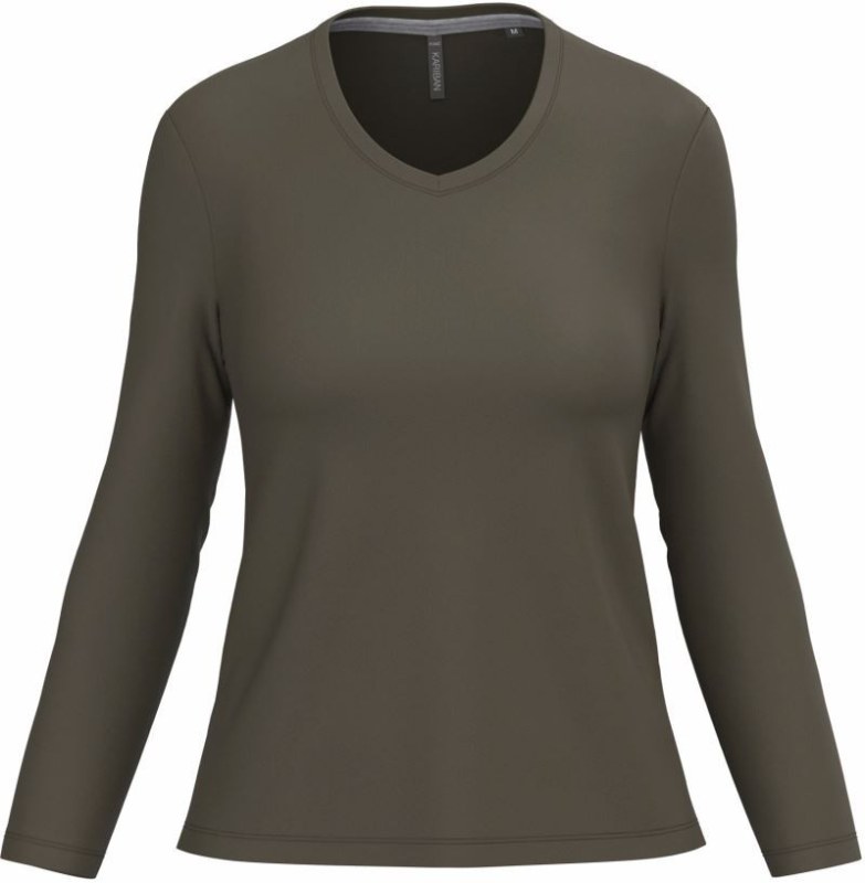 Kariban K 382 Dámské tričko do V s dl. rukávem 20.K382 dark khaki