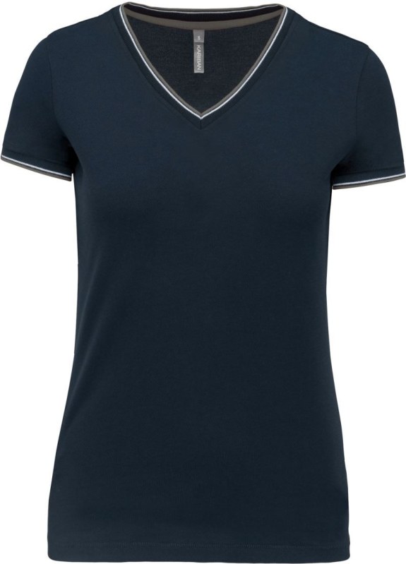 Kariban K 394 Dámské piqué tričko s V výstřihem 20.K394 navy/light grey/white
