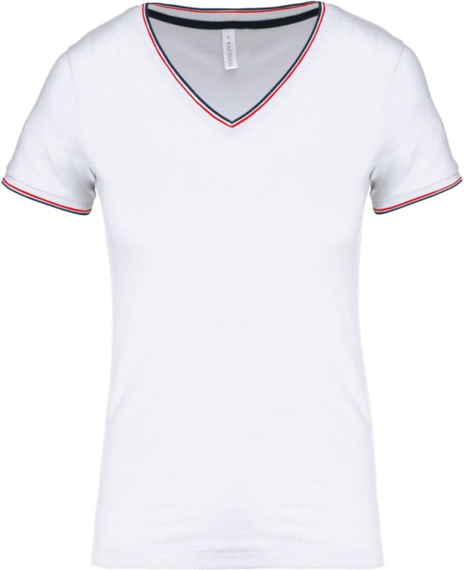 Kariban K 394 Dámské piqué tričko s V výstřihem 20.K394 white/navy/red