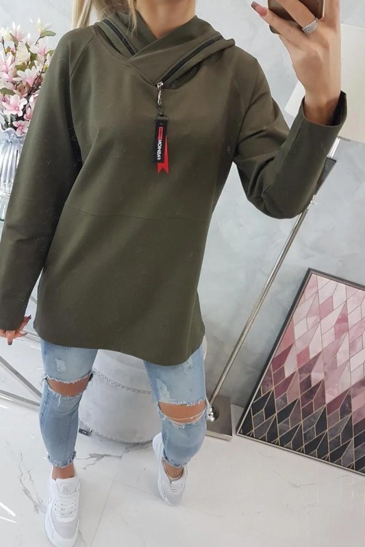 Tunika na zip s kapucí Oversize khaki barva
