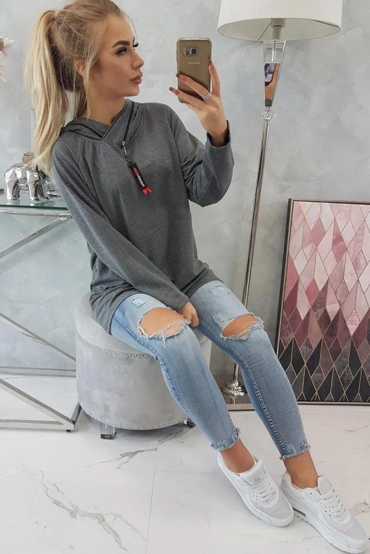 Oversize tunika s kapucí na zip v grafitové barvě