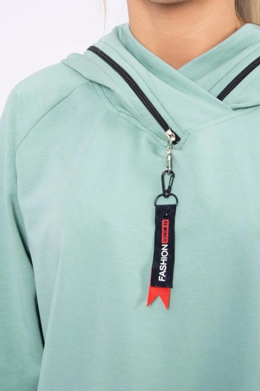 Tmavě mátová tunika na zip s kapucí Oversize