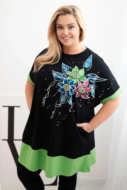 Dámská tunika Plus Size s květinovým vzorem a ozdobnými perličkami zelená
