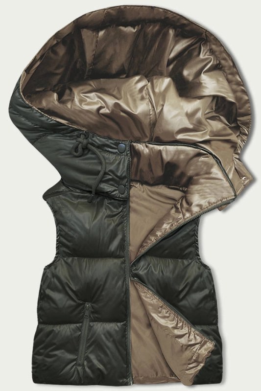 Krátká dámská vesta v khaki s kapucí (B8156-11) - Goodlooking