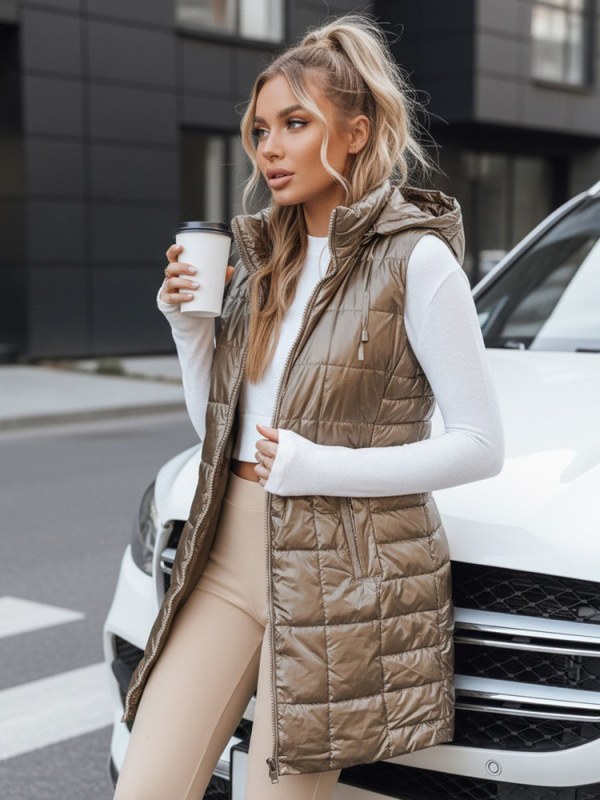 Dámská prošívaná vesta s kapucí TY5258 zlatá - Fashion Street