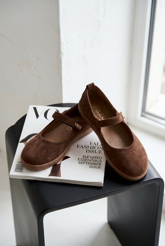 Kožené semišové baleríny barefoot s páskem zazoo 10206 Čokoládové