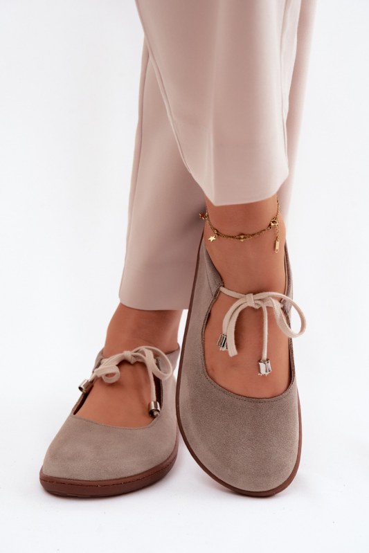Kožené semišové baleríny barefoot na šněrování zazoo 021 Cappuccino