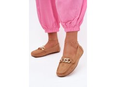 Dámské mokasíny se zlatým řetízkem a&nbsp;imitací semiše camel Amaretto