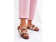 Materiálové dámské pantofle na korkové platformě s přezkami camel Osoffe