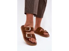 Dámské pantofle z imitace semiše s zlatými přezkami camel Averia