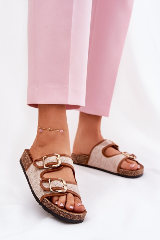 Materiálové dámské pantofle na korkové platformě s&nbsp;přezkami camel Osoffe - Dámské boty Ženypantofle