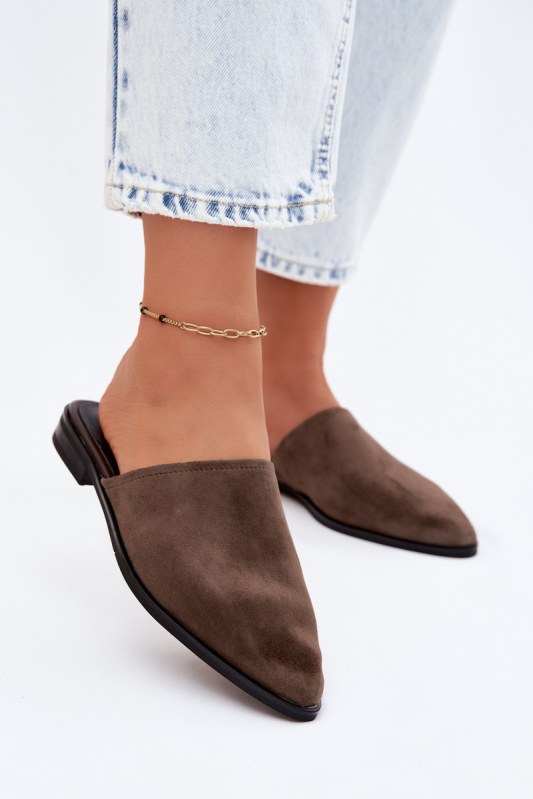 Kožené semišové pantofle mule dámské ploché d&a jc61-1004 khaki