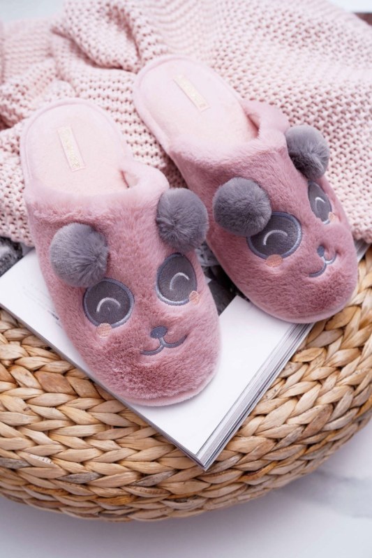 Dámské pantofle s kožešinou panda tmavě růžové Fimeo