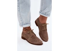 Kožené semišové dámské polobotky s otevřeným vzorem na ploché podpatku zazoo 4156 Cappuccino